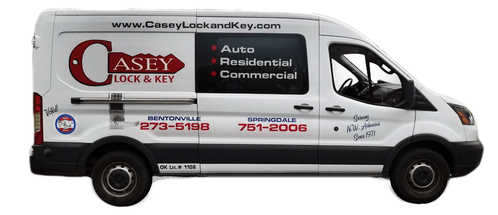 A white van with the word casey on the side