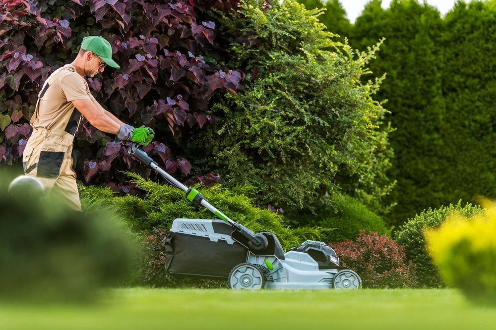 A man is mowing a lush green lawn with a lawn mower.