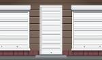 Three white metal roll up shutters secured over windows and a door on a brown building exterior.