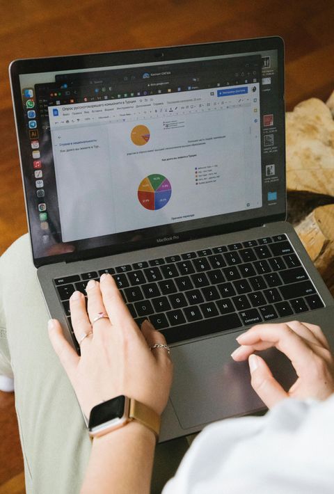 Person using laptop with spreadsheet showing pie charts.