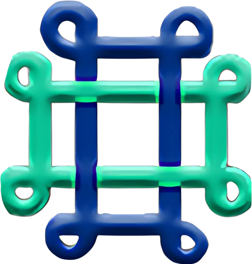 Blue and teal interlocking geometric design with rounded corners.