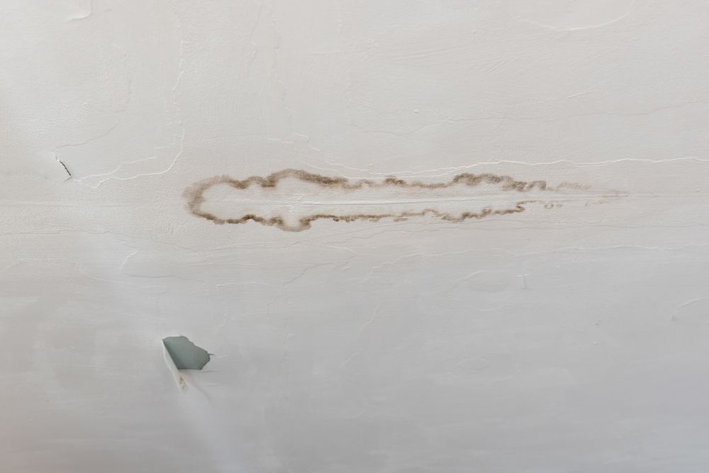 Brown water stain on a white ceiling, with a small hole visible below.