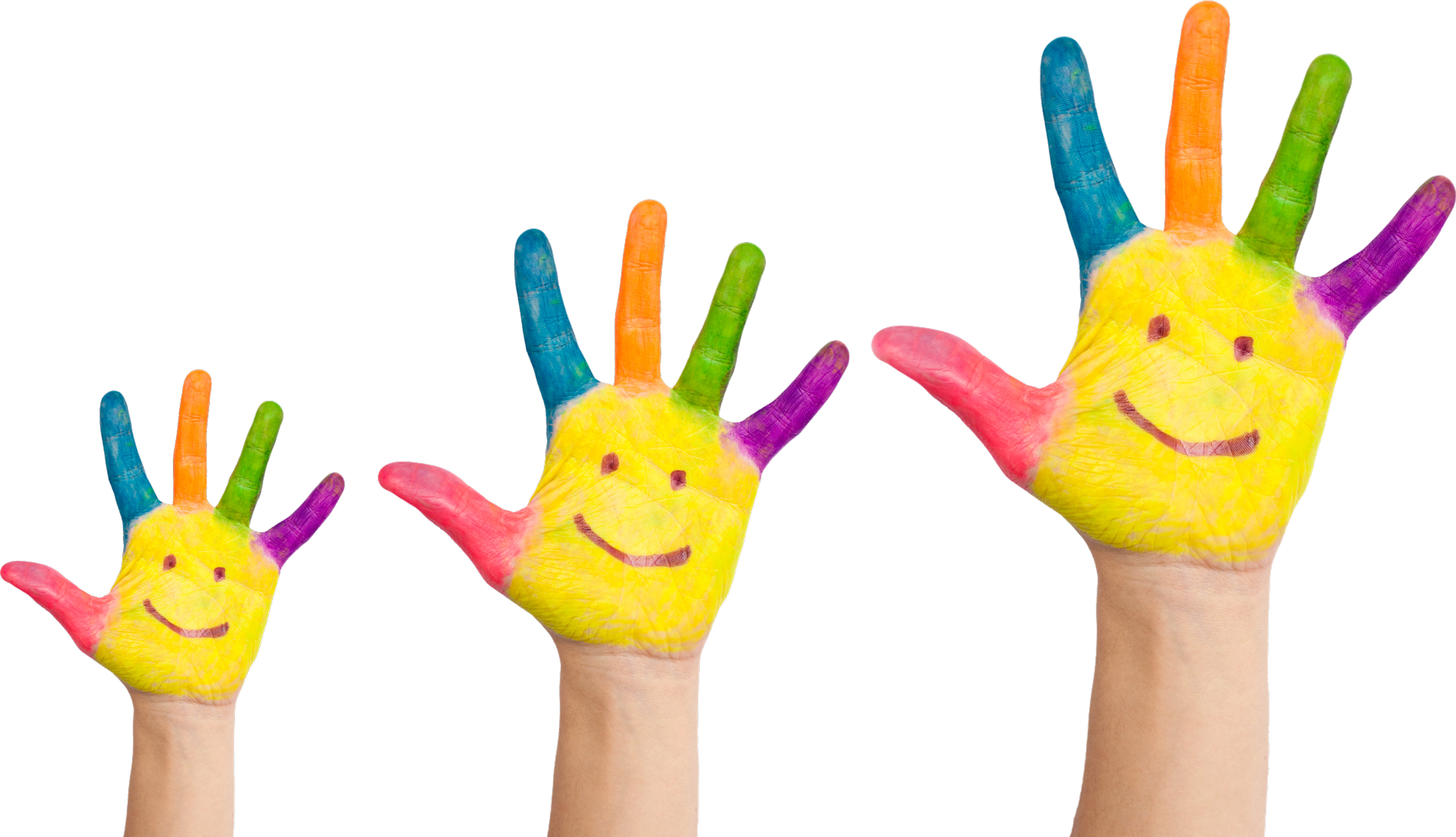 Three Colorful Hands With Smiley Faces Painted on Them