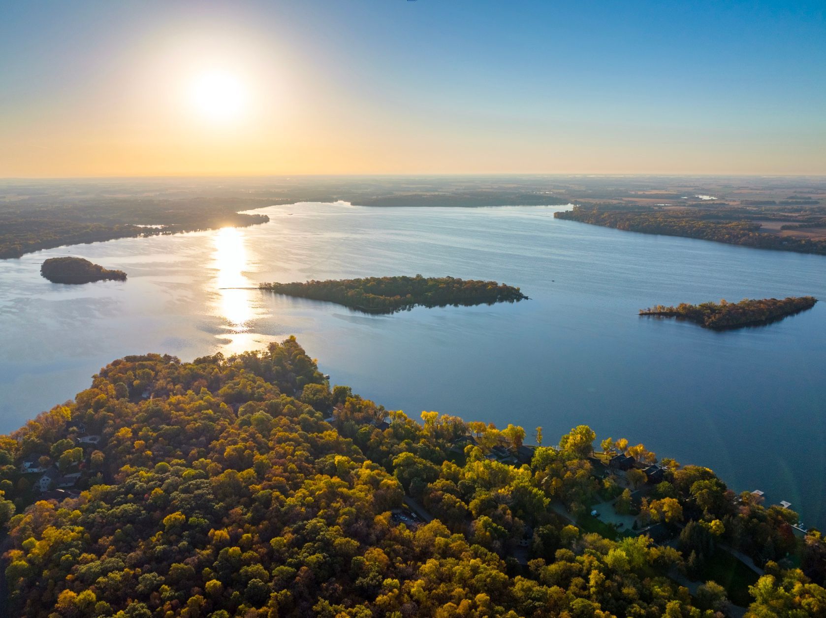 Aerial view of Lake Koronis at sunset