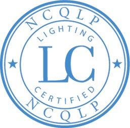 A blue and white logo for ncqlp lighting certified