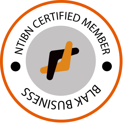 NTIBN Certified Member, Blak Business badge with black and orange stylized logo on gray circle.