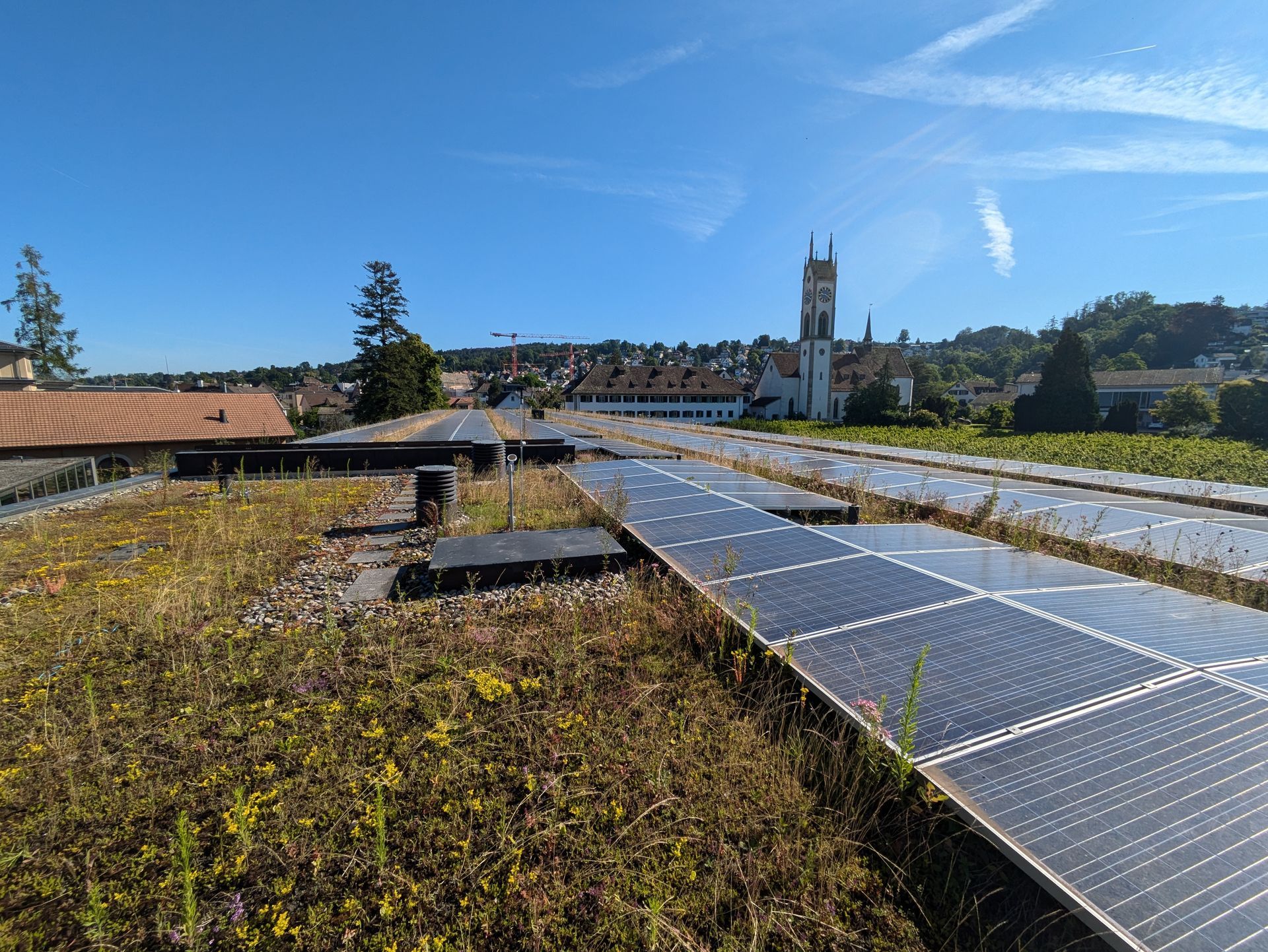 Solar panels on a rooftop with a green garden, a town and church in the background under a blue sky.