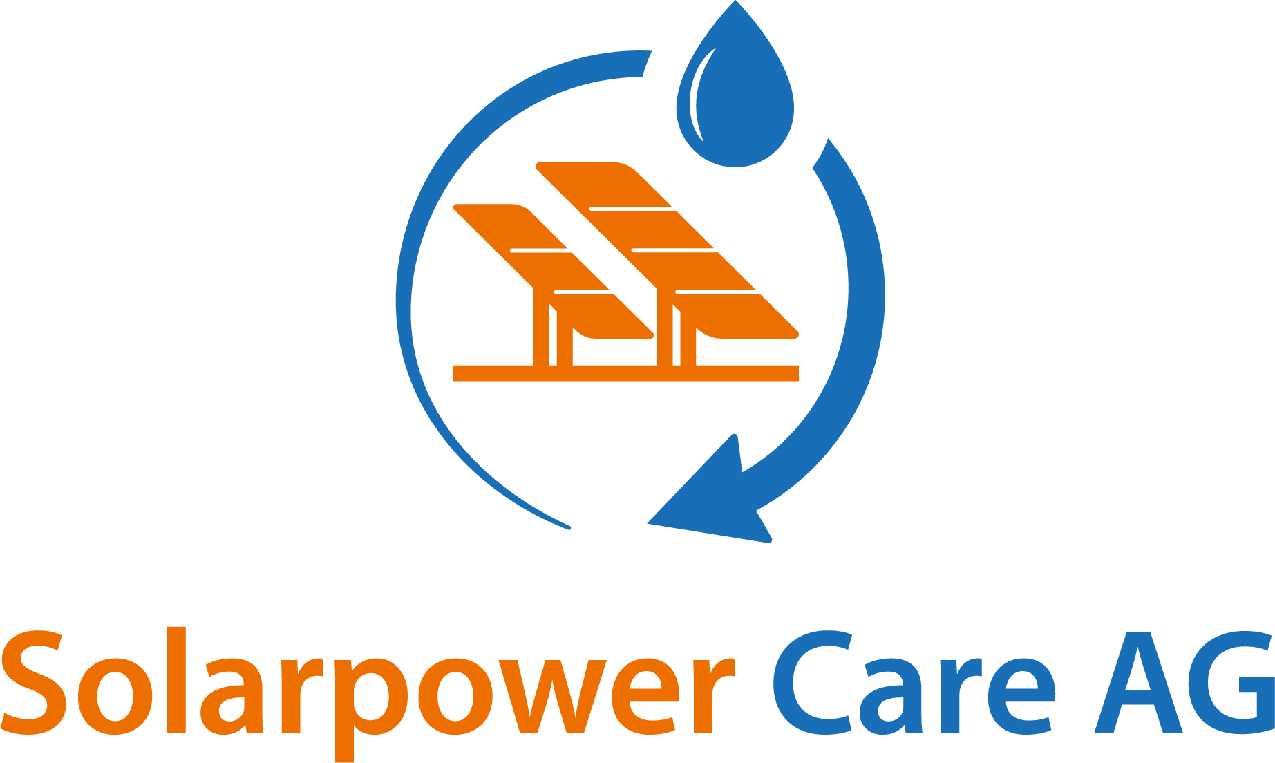 Logo für Solarpower Care AG: Solarmodule, Wassertropfen und ein kreisförmiger Pfeil, orange und blau.