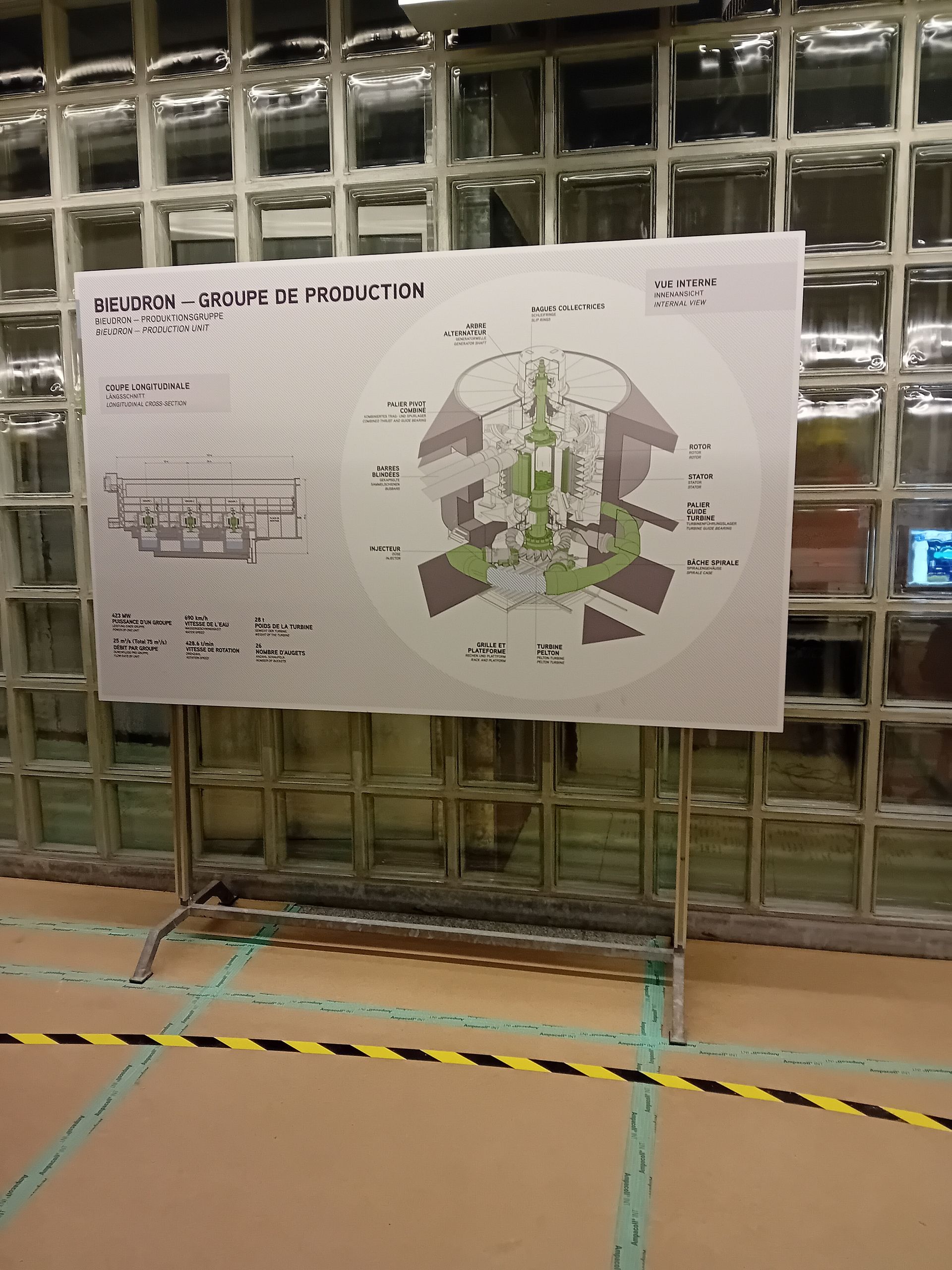 Un grand tableau blanc avec un diagramme dessus est posé sur un support devant un mur en verre.