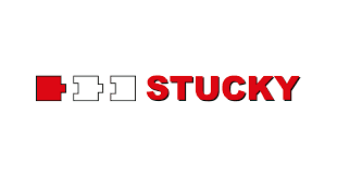 Ein rot-weißes Logo für eine Firma namens Stucky.