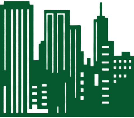 Green city skyline silhouette with tall buildings and skyscrapers