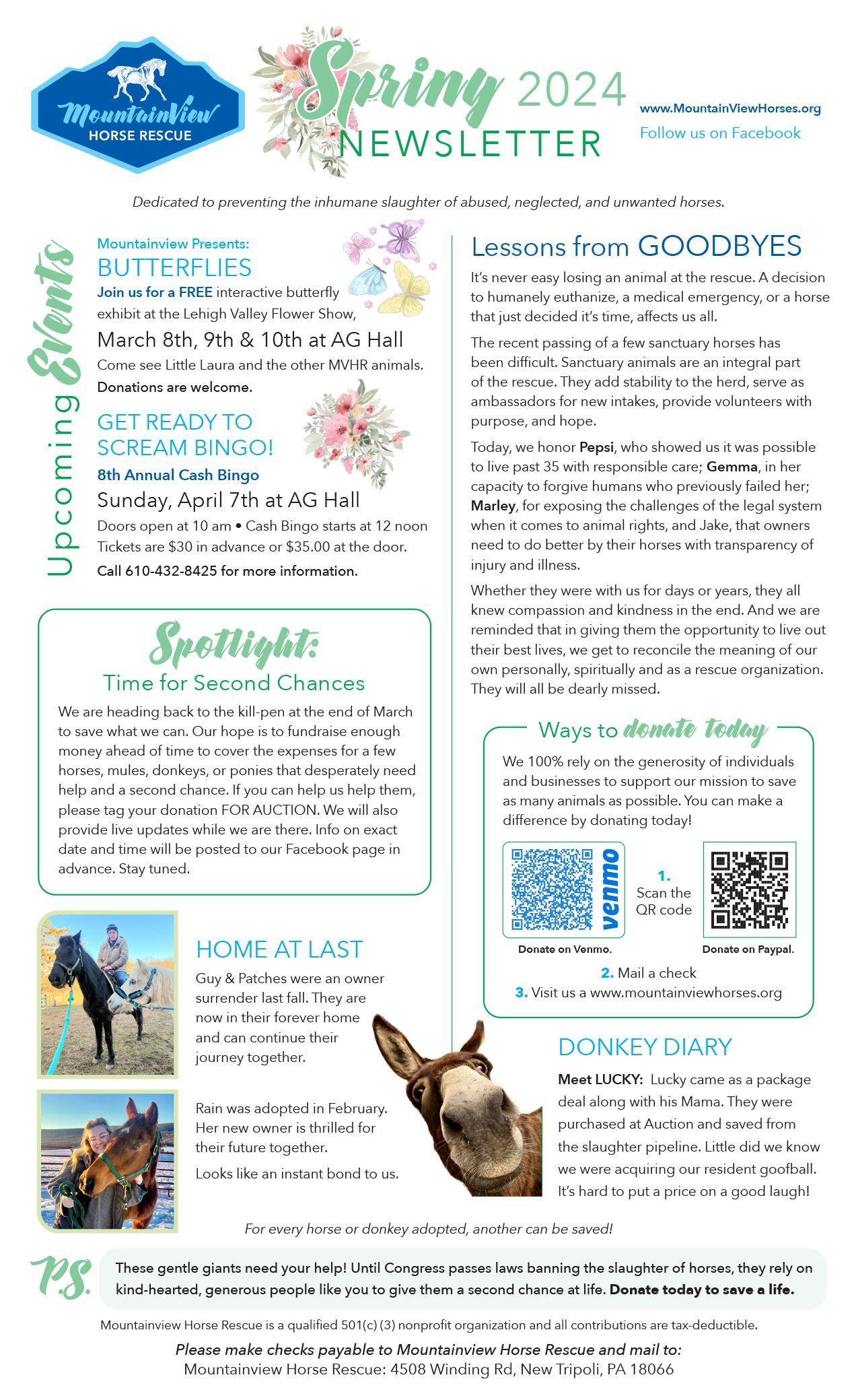 Spring Newsletter discussing attendance for rescuing horses from the auctions 