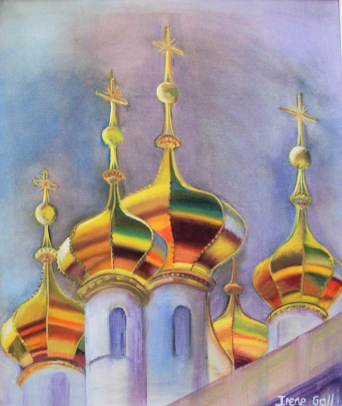 Oil on canvas painting showing golden onion domes