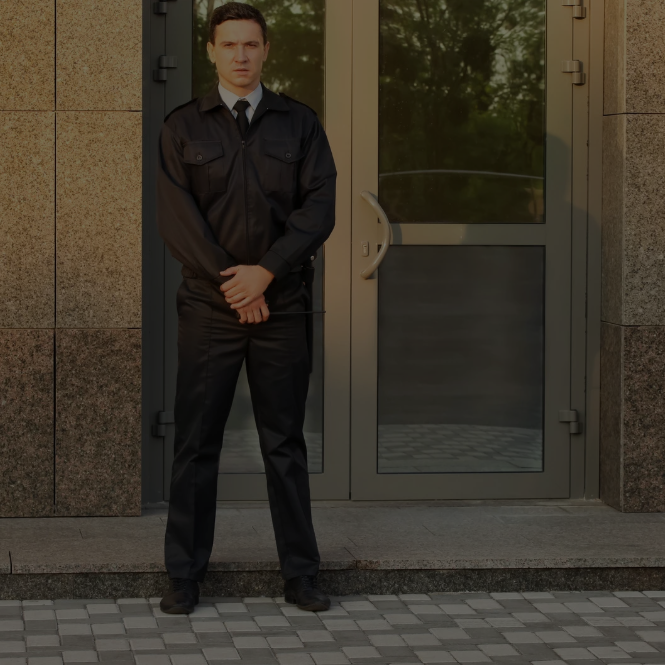 Guardia de seguridad con uniforme negro de pie frente a puertas de vidrio.