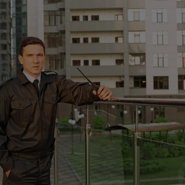 Guardia de seguridad con uniforme negro de pie frente a puertas de vidrio.