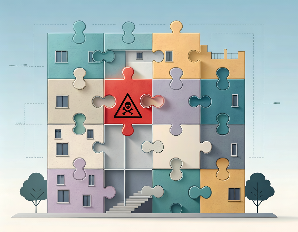 Illustration eines Mehrfamilienhauses aus Puzzleteilen mit hervorgehobenem Gefahrstoffsymbol als Sin