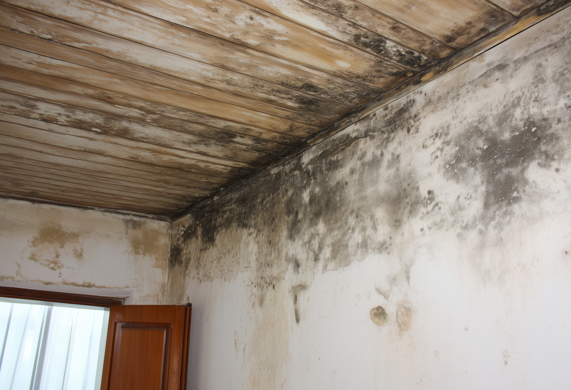 Schimmlige Ecke in einer Wohnzimmerecke, sichtbarer Schimmelbefall durch Feuchtigkeit in einem Haus