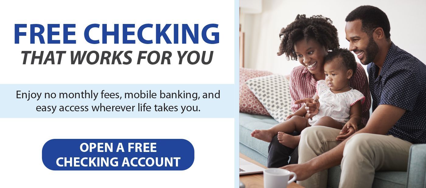 An advertisement for a free checking account featuring a family sitting on a couch with a call-to-action button.