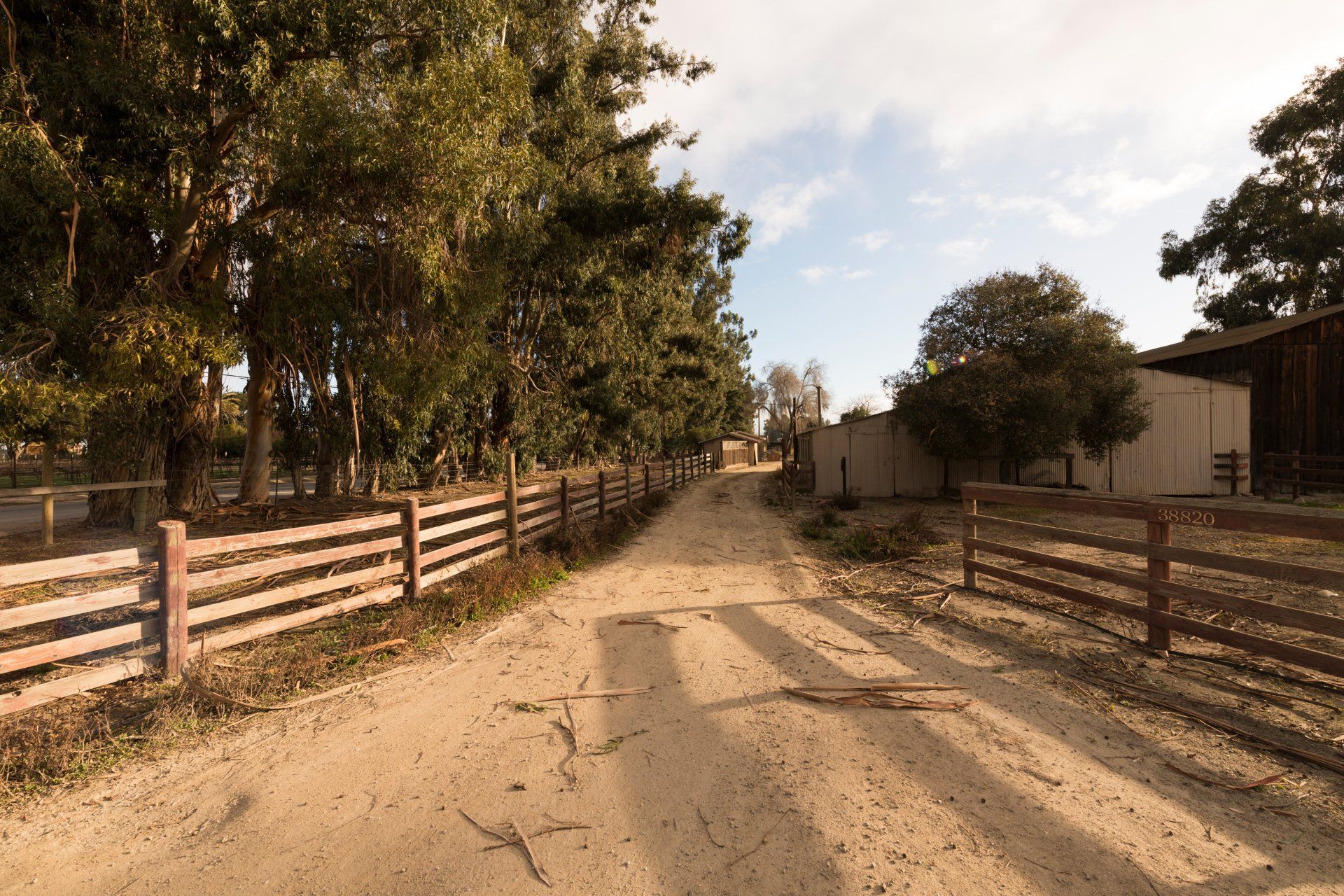 A dirt road with a wooden fence and trees on both sides