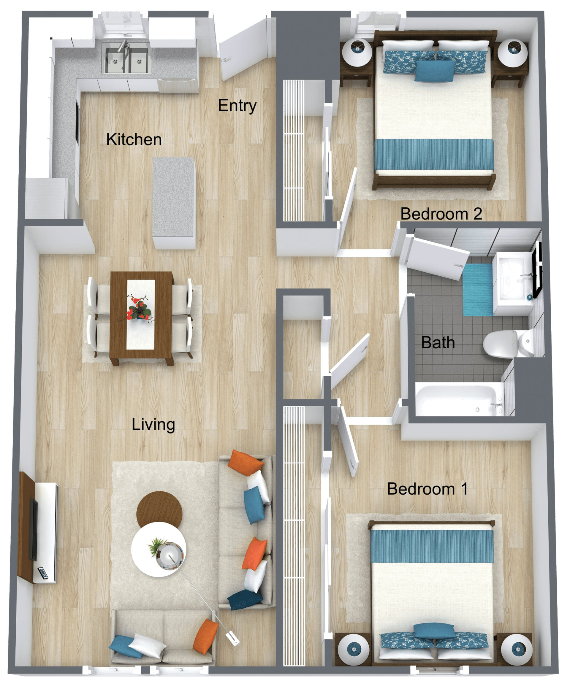 A floor plan of an apartment with two bedrooms and a bathroom