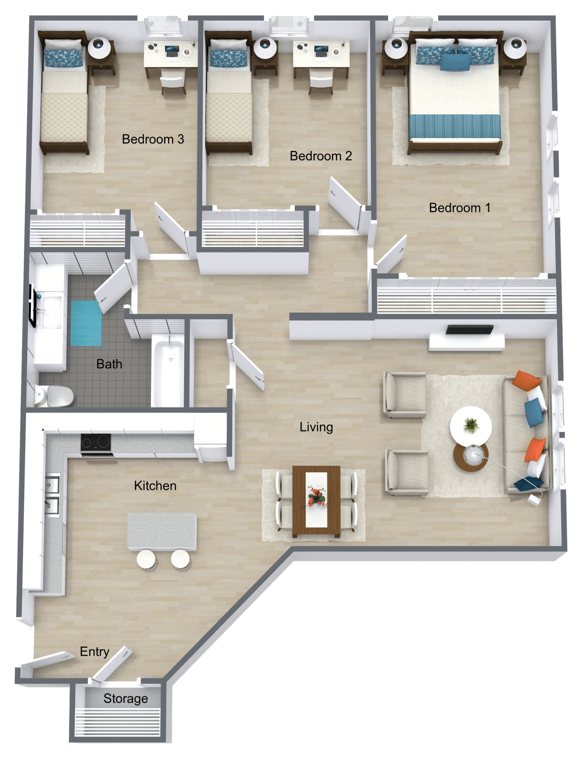 A 3d floor plan of an apartment with three bedrooms
