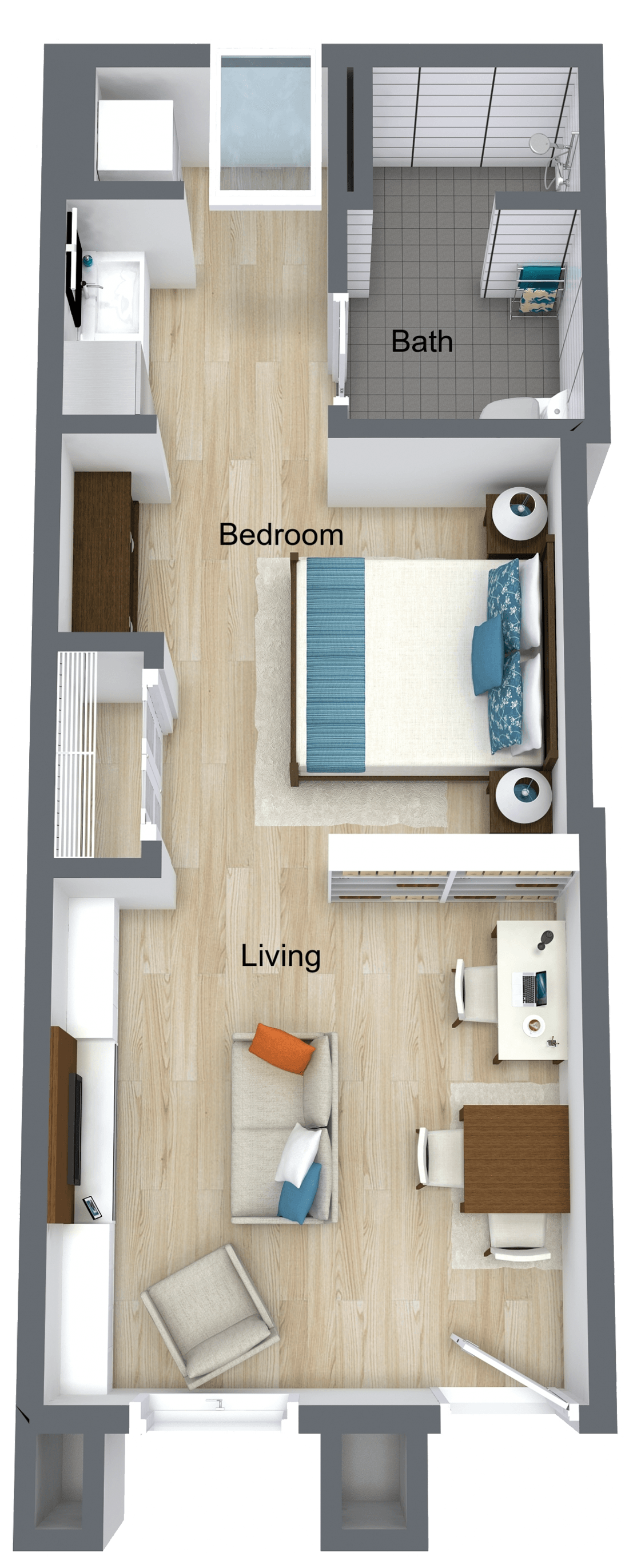 A 3d floor plan of an apartment