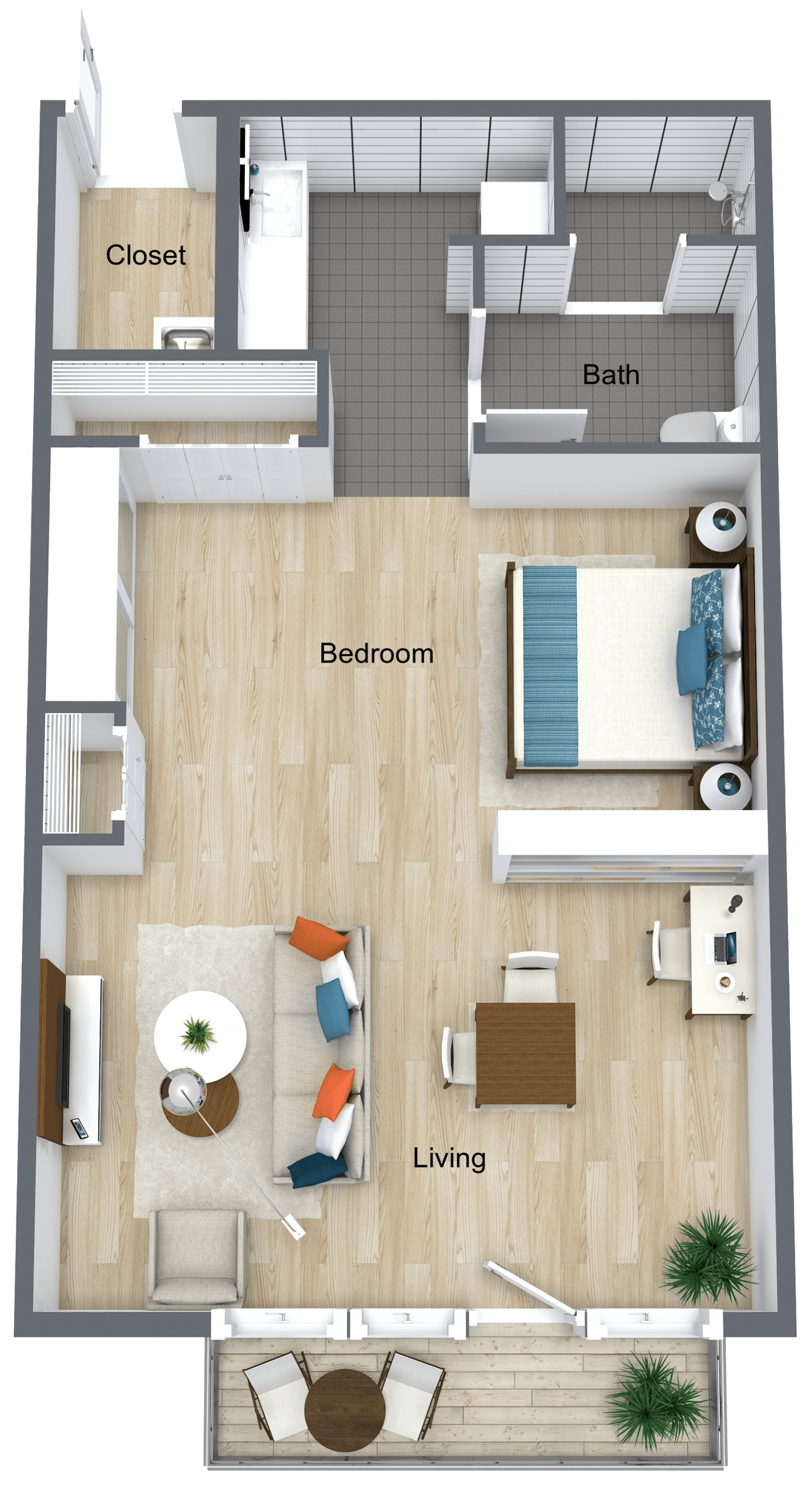 A floor plan of an apartment with a bedroom , living room , dining room , and bathroom.