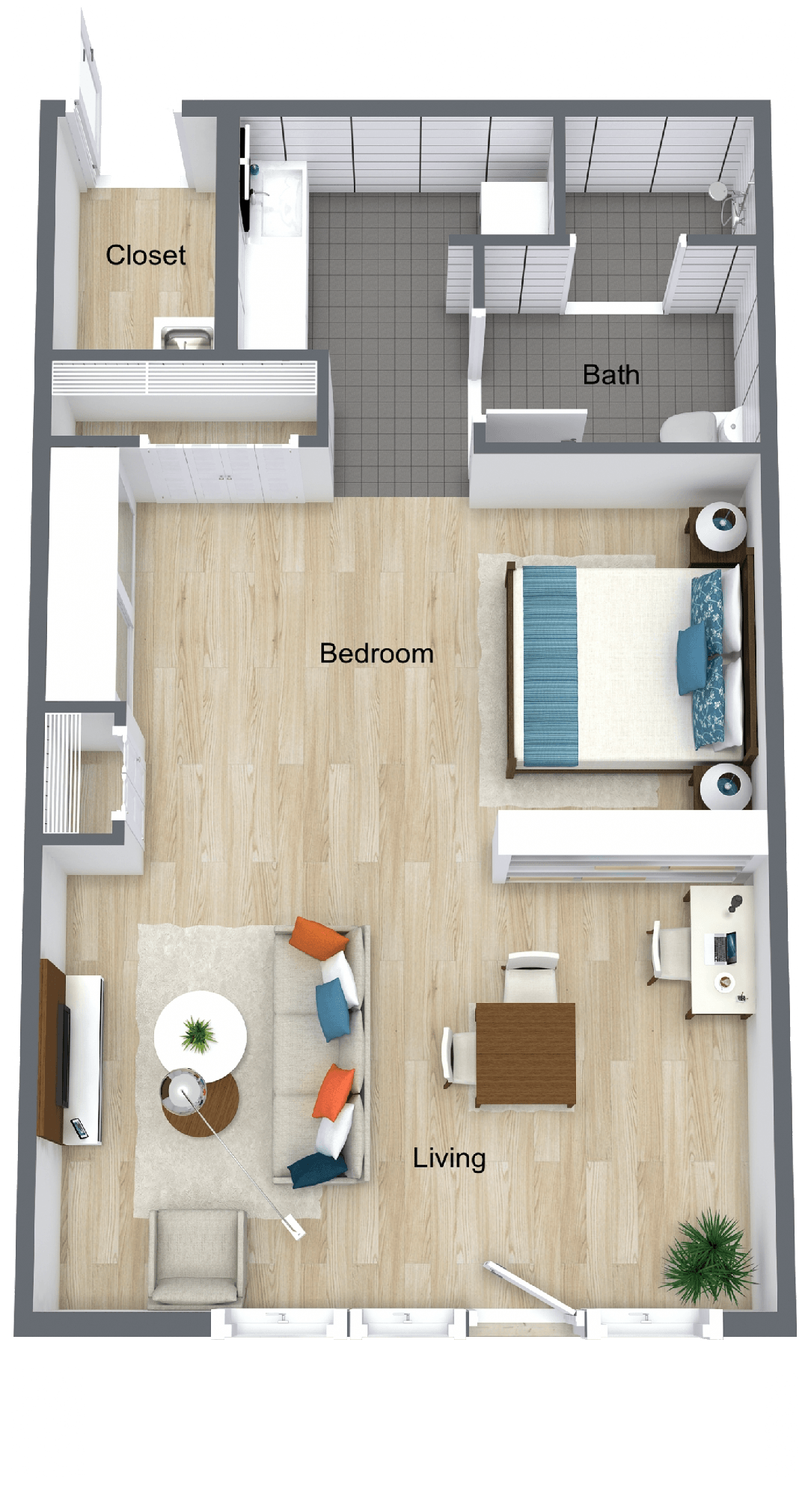 A floor plan of a small apartment with a bedroom , living room , dining room , and bathroom.