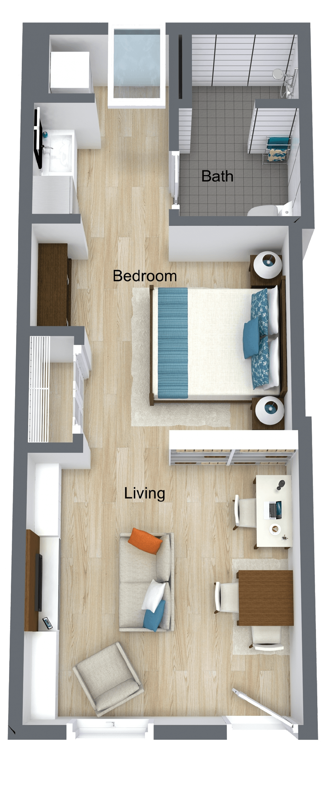 A 3d floor plan of a small apartment
