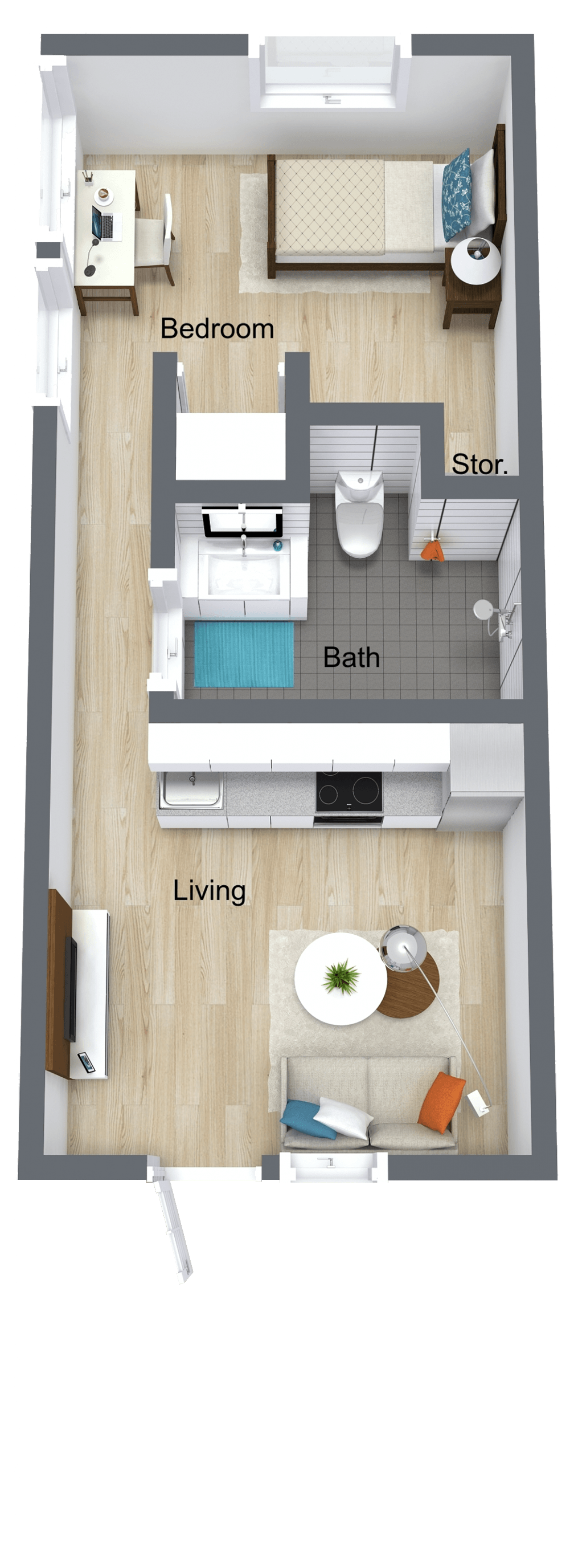A floor plan of a small apartment with a bedroom , living room , and kitchen.