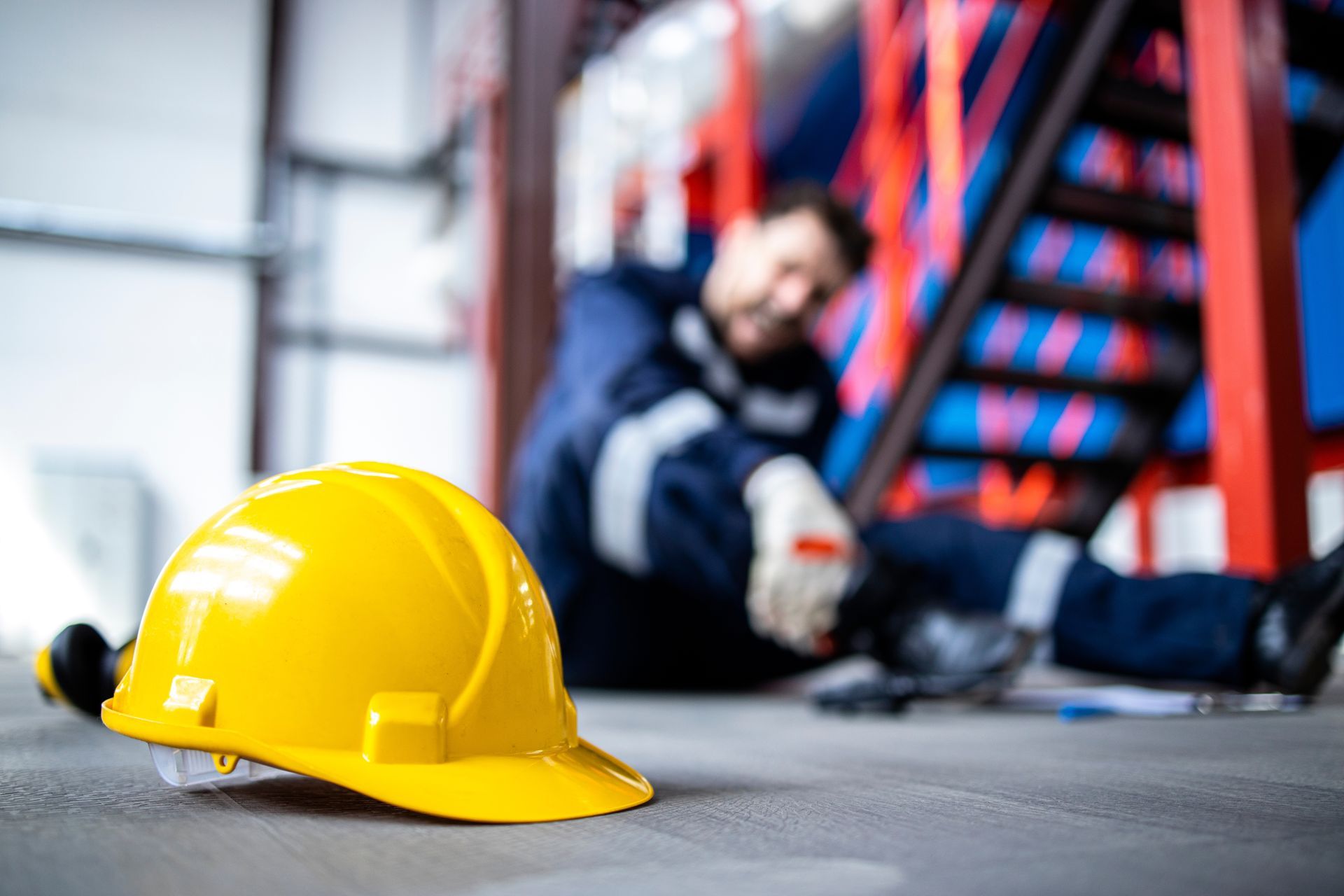 A man is laying on the floor next to a hard hat.