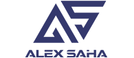 Logotipo de "AS" en azul con "ALEX SAHA" debajo en azul oscuro.