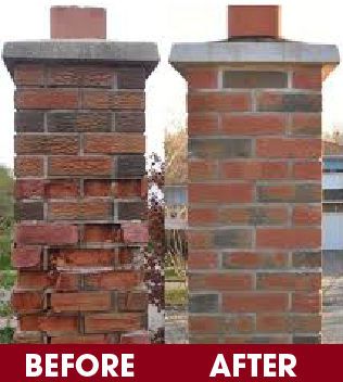 Cracked brick pillar shown before and after repair, with the left side damaged and the right side restored.