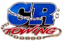 Logo for CR Towing, blue "CR" over "TOWING," with chain detailing.