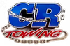 Logo for CR Towing, blue "CR" over "TOWING," with chain detailing.