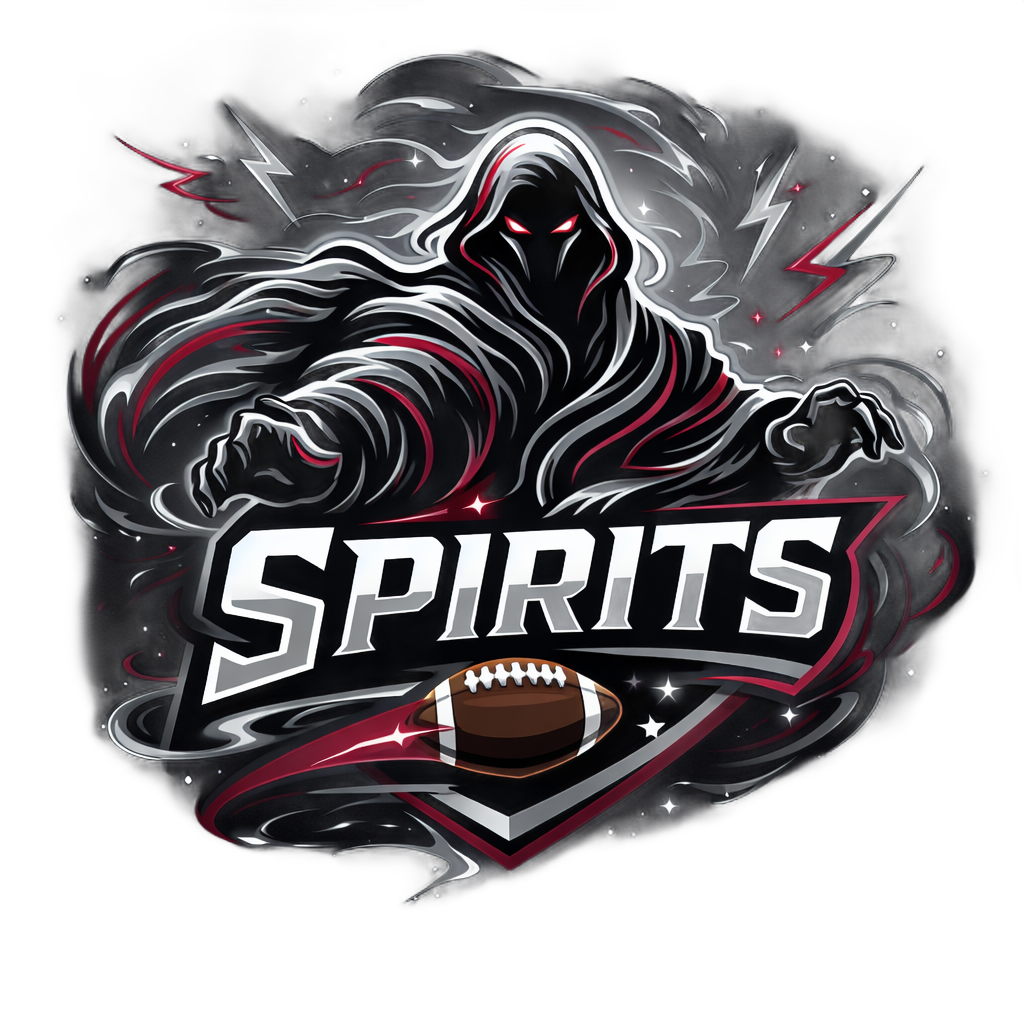 Logo: Dark hooded figure with red eyes and a football, "Spirits" text.