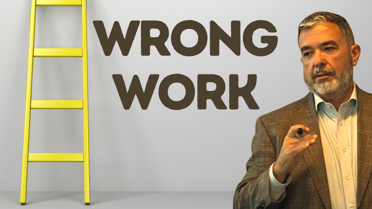 Sam Caruso discussing leadership mindset and working on the business not in it with Wrong Work text 