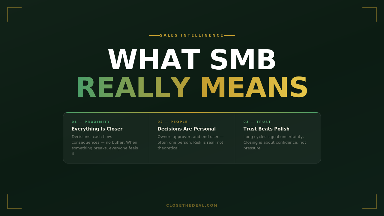 SMB meaning infographic showing the three pillars of small and medium business: proximity, personal
