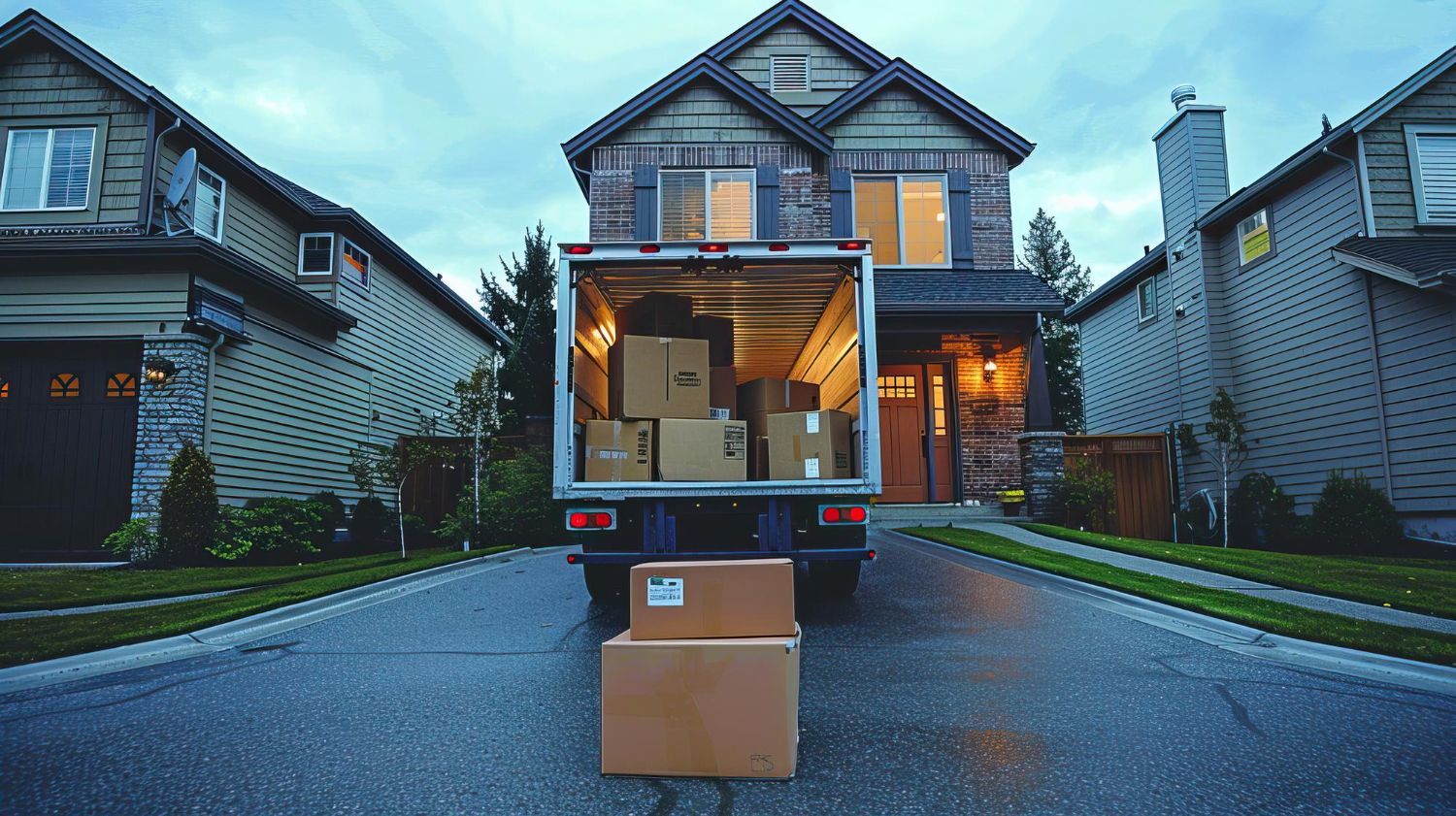 Moving truck in front of a house, boxes stacked inside and on the street.