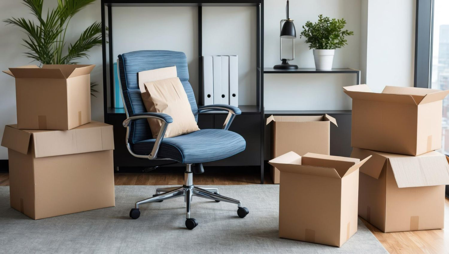 Home office with stacked cardboard boxes, blue chair, shelves, plant, and lamp, suggesting a move or unpacking