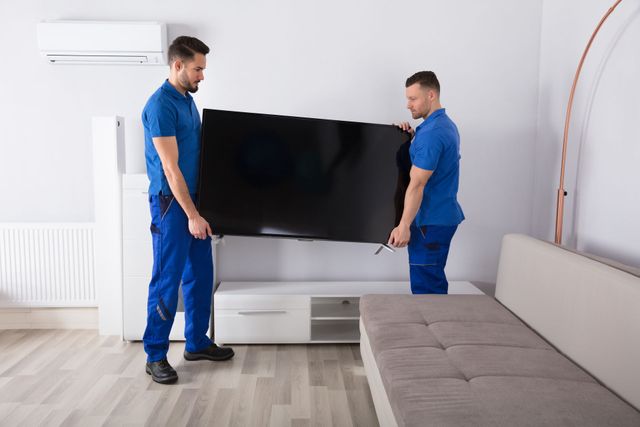 two men are carrying a flat screen tv in a living room .