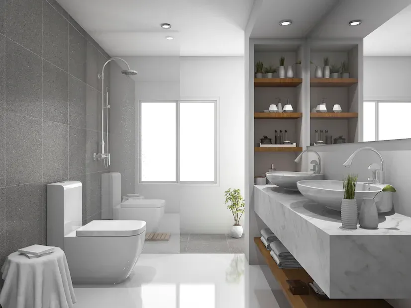 Modern bathroom with gray and white tiles, floating vanity, glass shower, and open shelves.