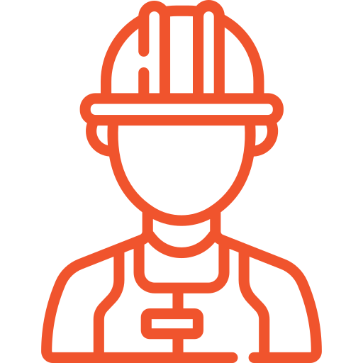 Orange line drawing of a construction worker wearing a hard hat and vest.