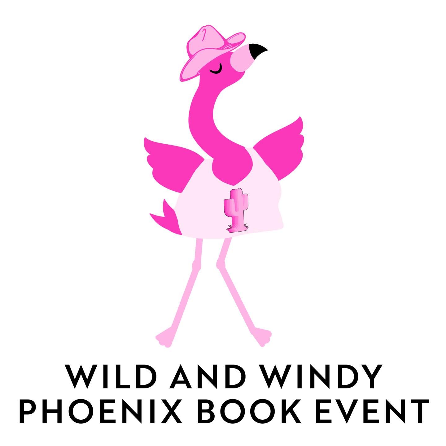 The logo for the wild and windy phoenix book event shows a flamingo wearing a hat.