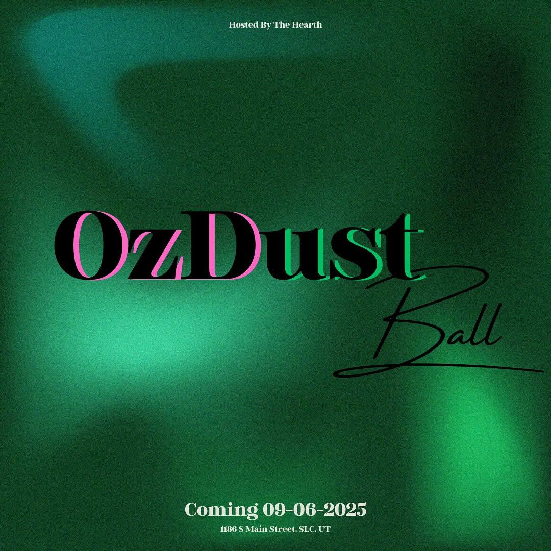 OzDust Ball announcement on a green background with pink and green text.