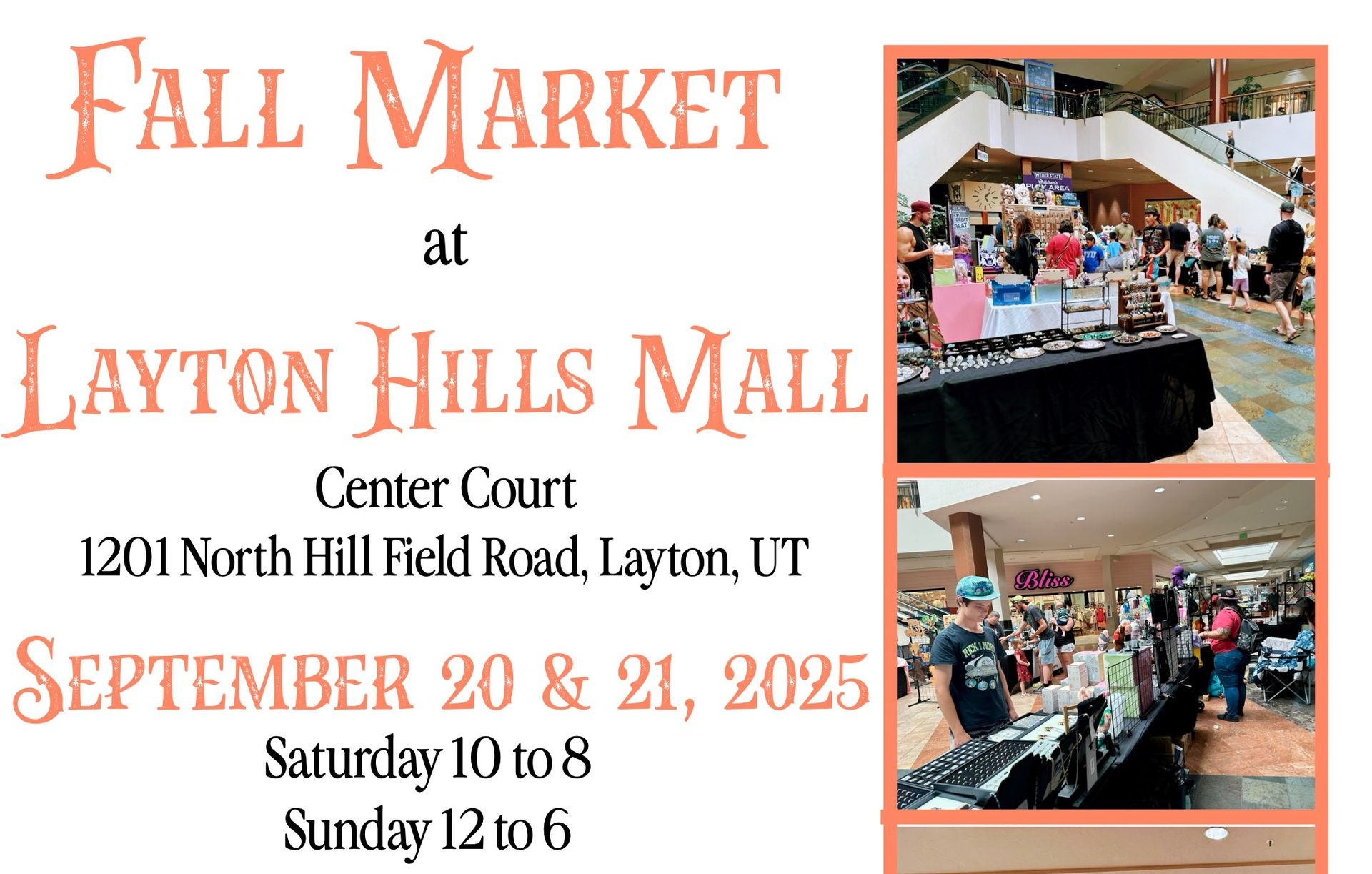 Fall market at Layton Hills Mall on September 20-21, 2025, with photos of vendor tables and shoppers.