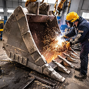 Un soldador con equipo de protección trabaja en un cucharón grande de excavadora de metal, mientras saltan chispas.
