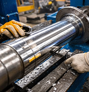 Manos con guantes trabajando en un componente cilíndrico metálico de gran tamaño en un taller.