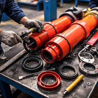 Trabajador ensamblando equipo industrial rojo con varias partes sobre una mesa de metal.