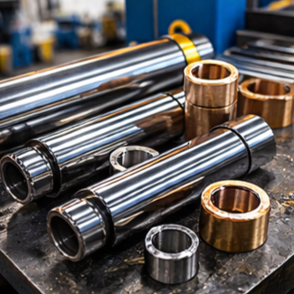 Varillas de metal brillantes y bujes de bronce sobre una superficie metálica, probablemente piezas de maquinaria industrial.